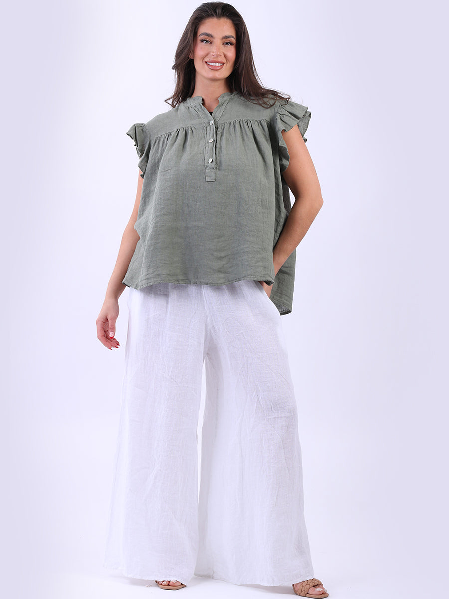 Linen Lagenlook Ruffle Blouse Khaki