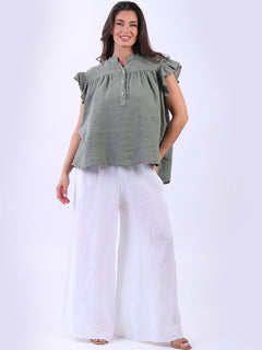 Linen Lagenlook Ruffle Blouse Khaki