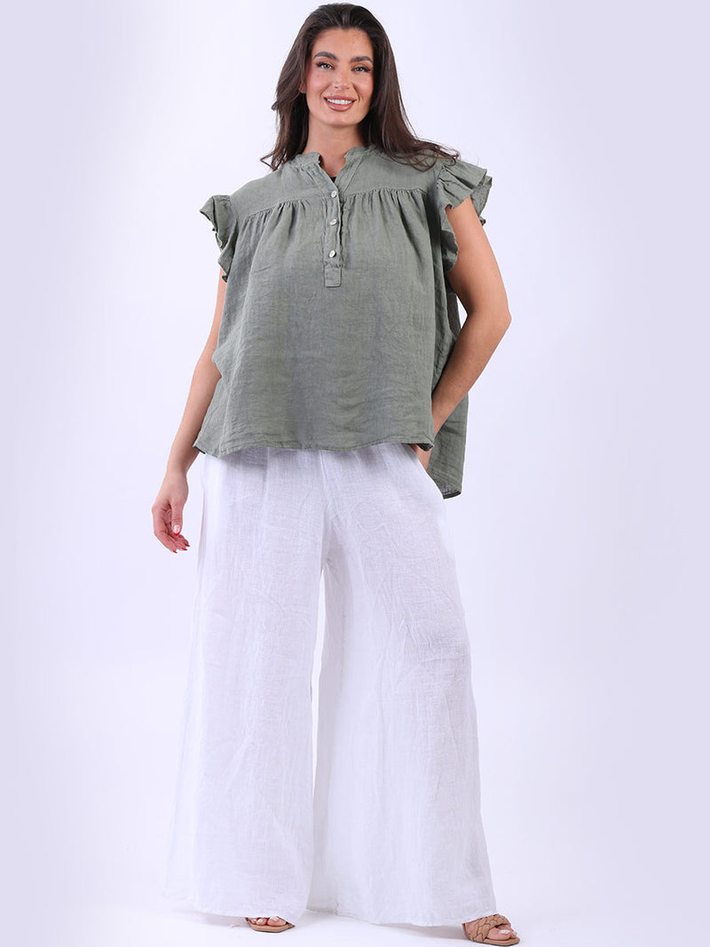 Linen Lagenlook Ruffle Blouse Khaki