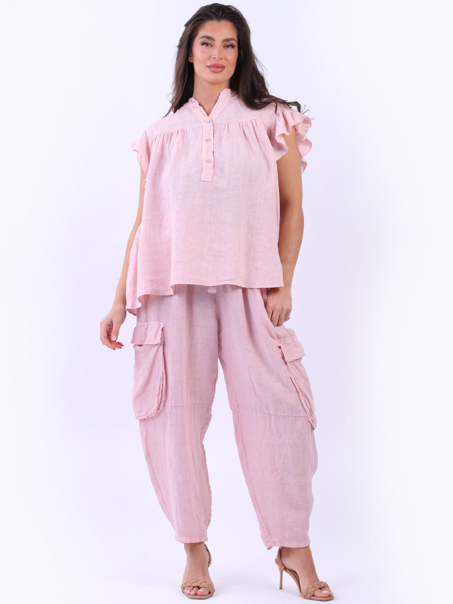 Linen Lagenlook Ruffle Blouse Pink