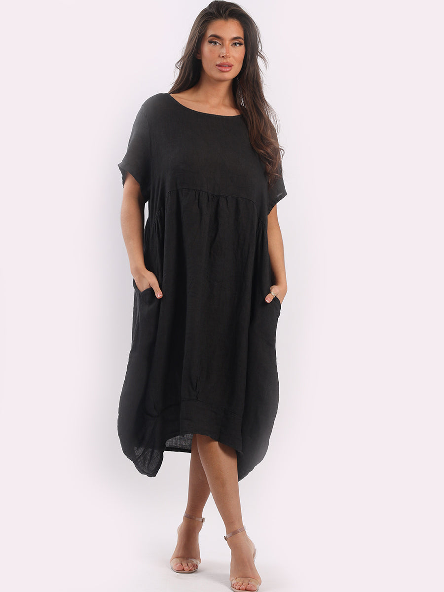 Linen Lagenlook Midi Swing Dress Black