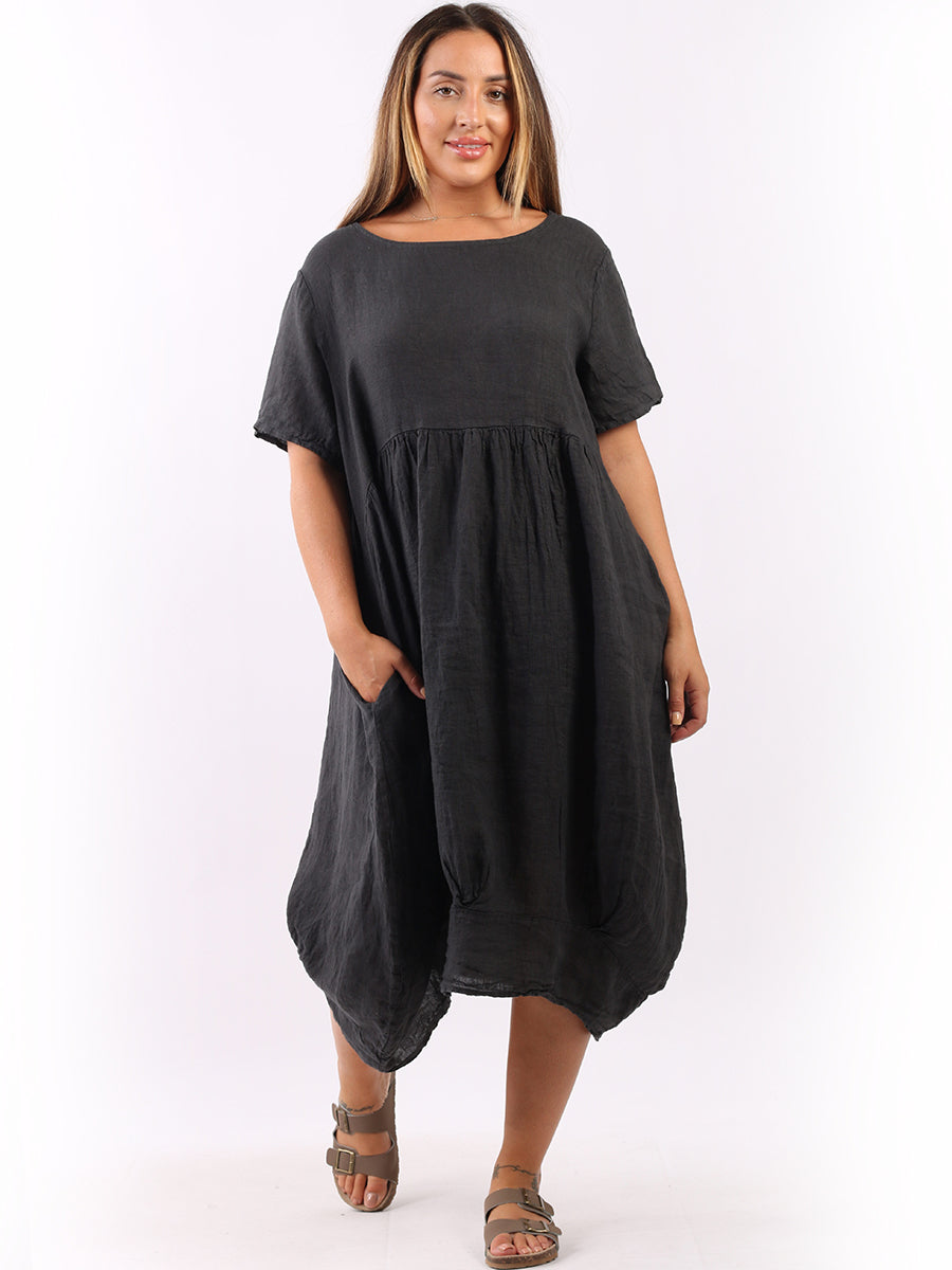 Linen Lagenlook Midi Swing Dress Charcoal