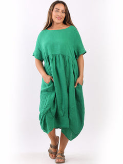 Linen Lagenlook Midi Swing Dress Green
