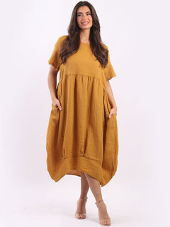 Linen Lagenlook Midi Swing Dress Mustard