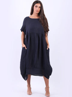 Linen Lagenlook Midi Swing Dress Navy