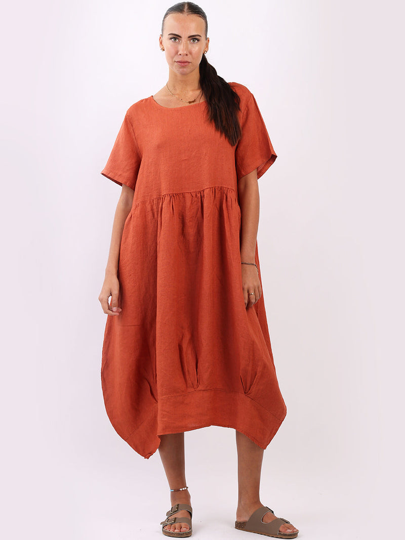 Linen Lagenlook Midi Swing Dress Rust