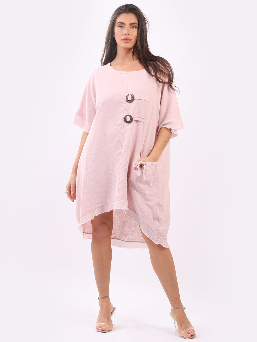 Raw Edge Linen Lagenlook Dress Pink