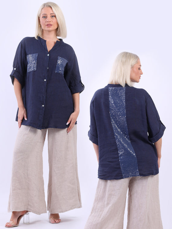 Italian Button Down Sequin Linen Shirt Top