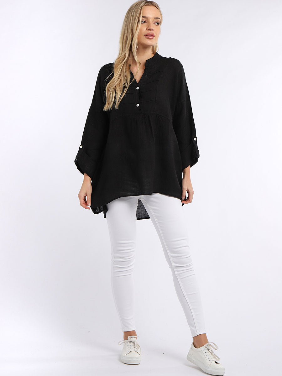 Plain Pleated Linen Tunic Black