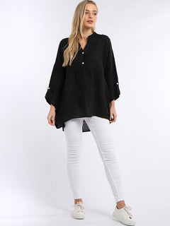 Plain Pleated Linen Tunic Black