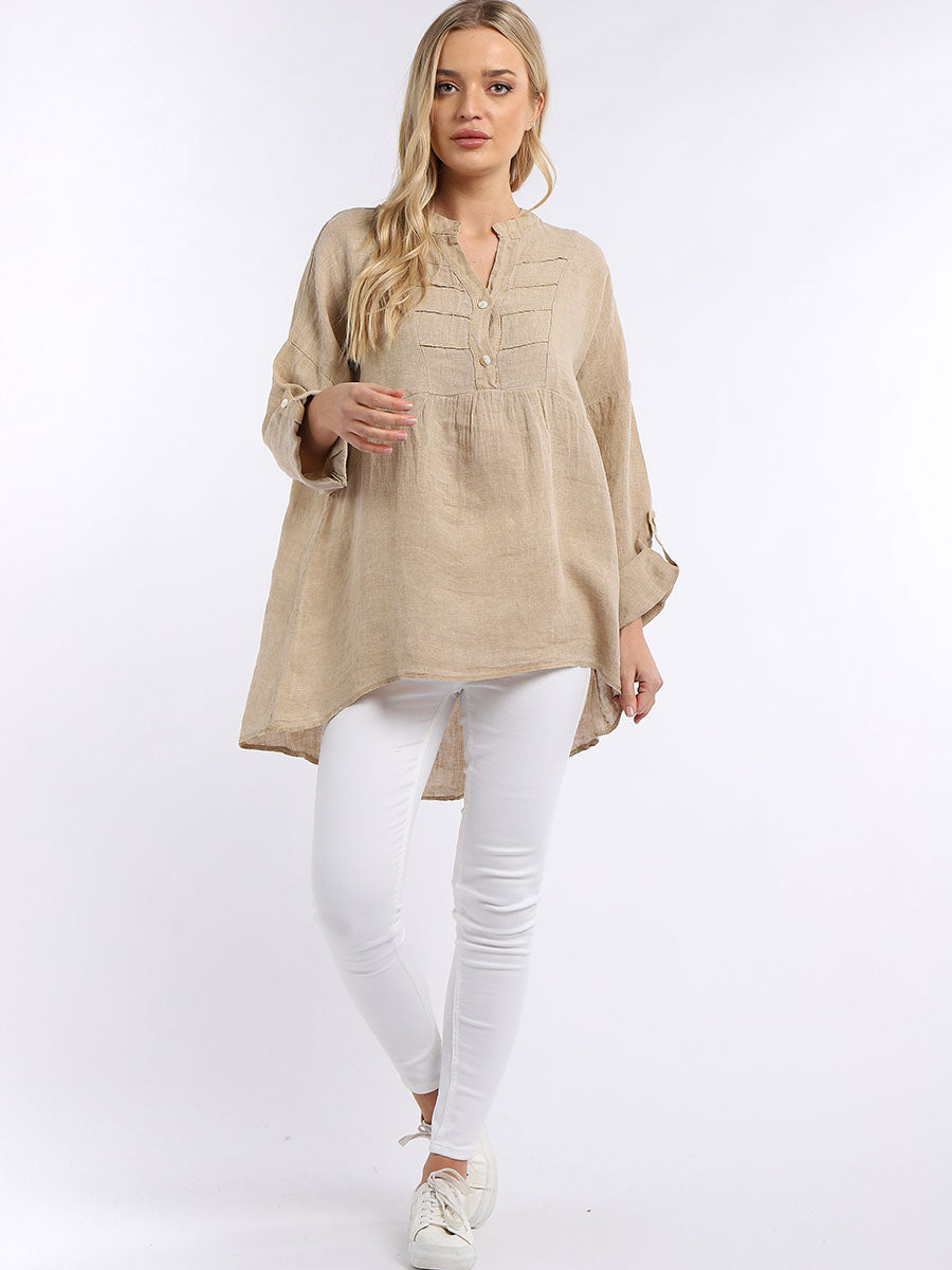 Plain Pleated Linen Tunic Camel