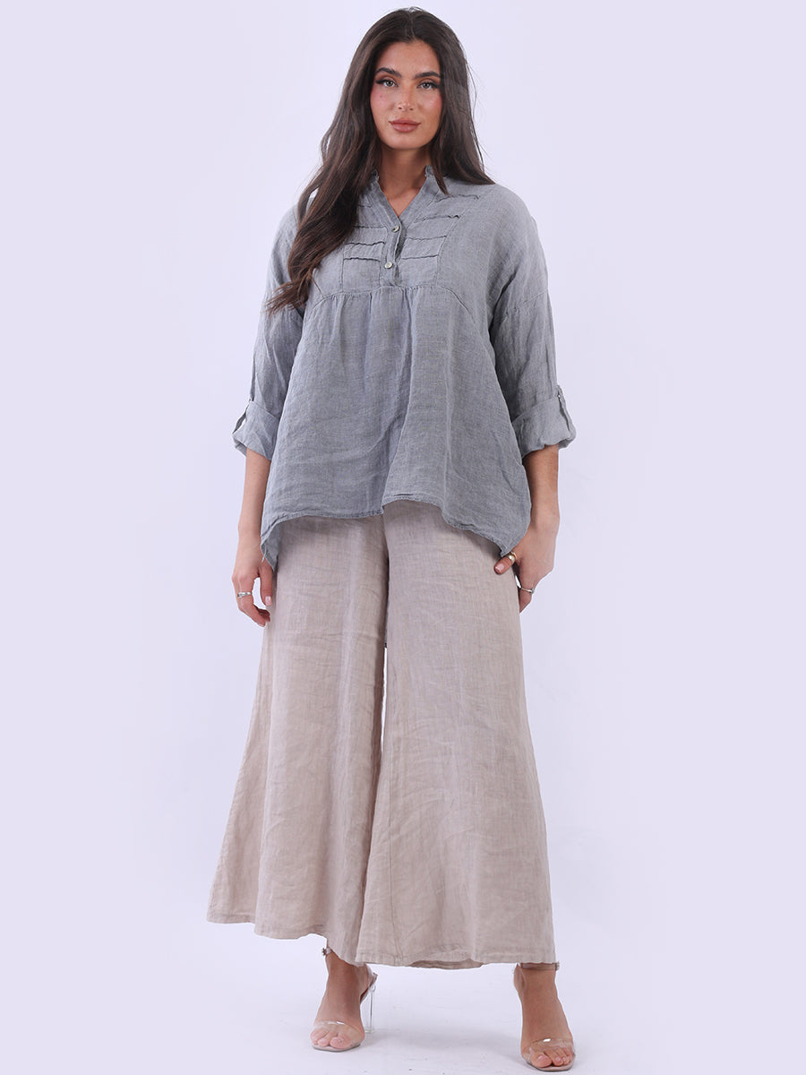 Plain Pleated Linen Tunic Charcoal