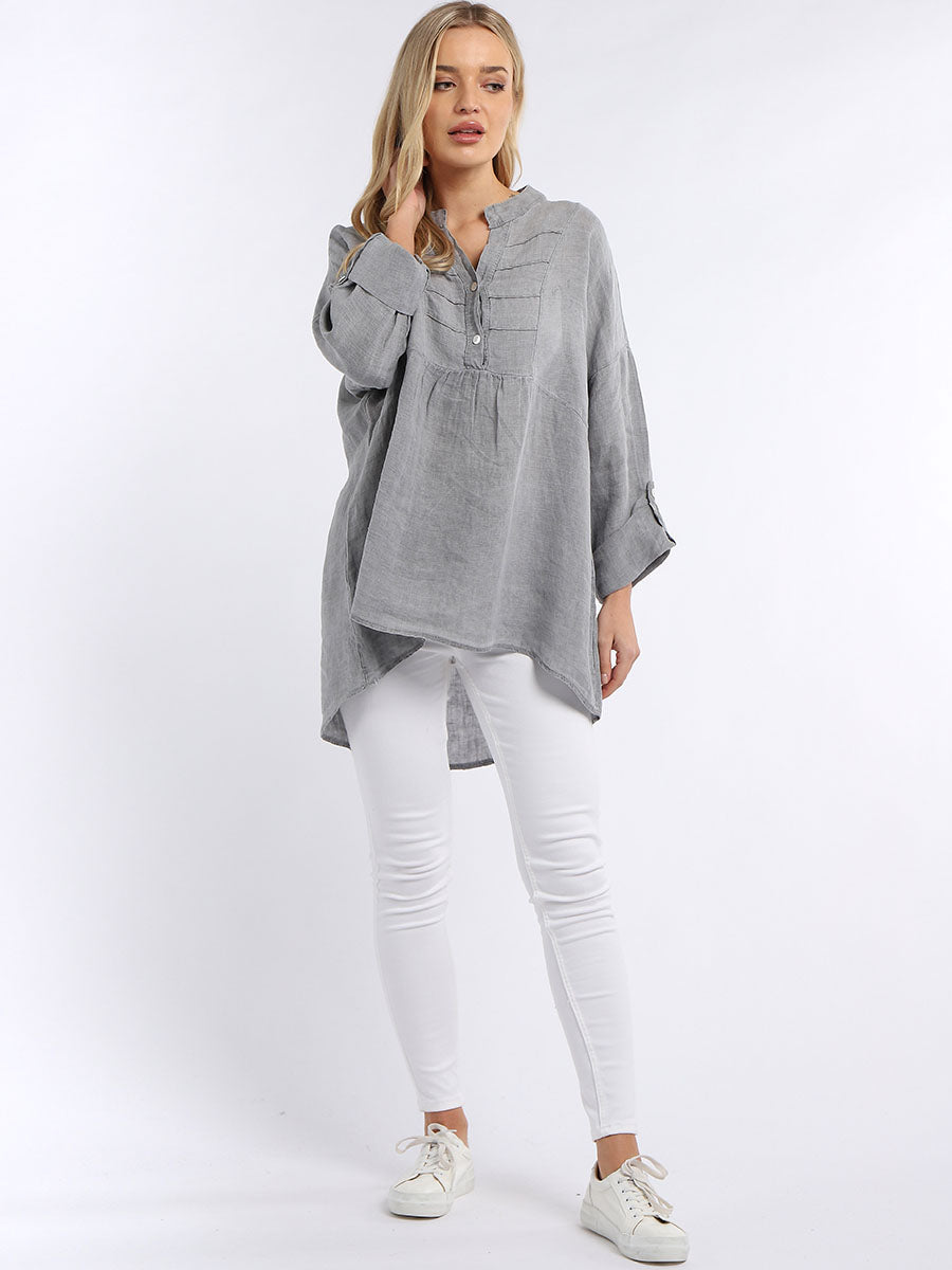 Plain Pleated Linen Tunic Grey