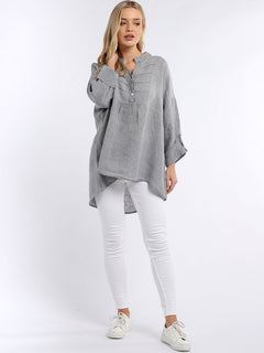 Plain Pleated Linen Tunic Grey