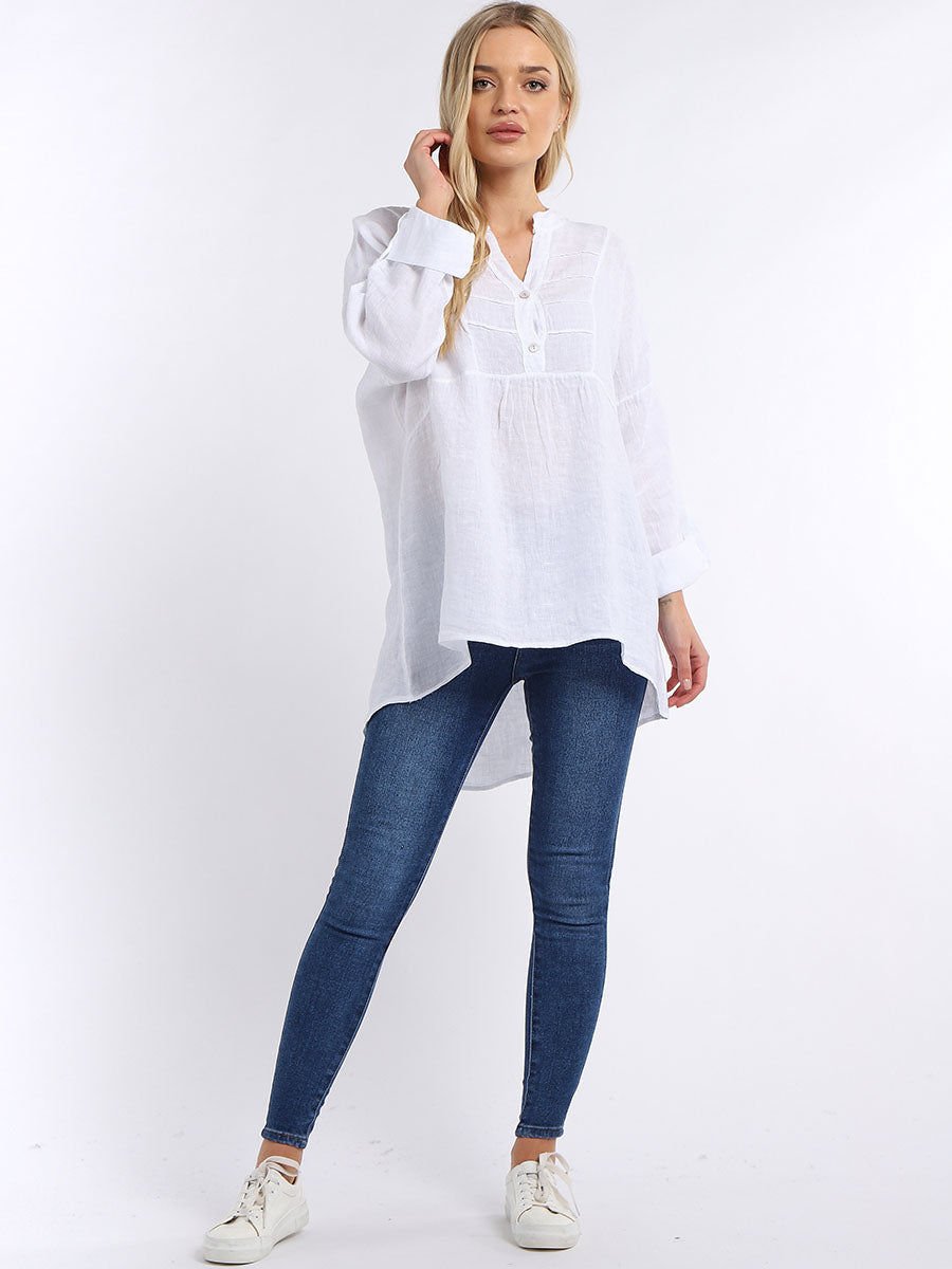 Plain Pleated Linen Tunic White