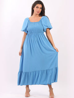 Shirred Smocked Maxi Sundress Denim
