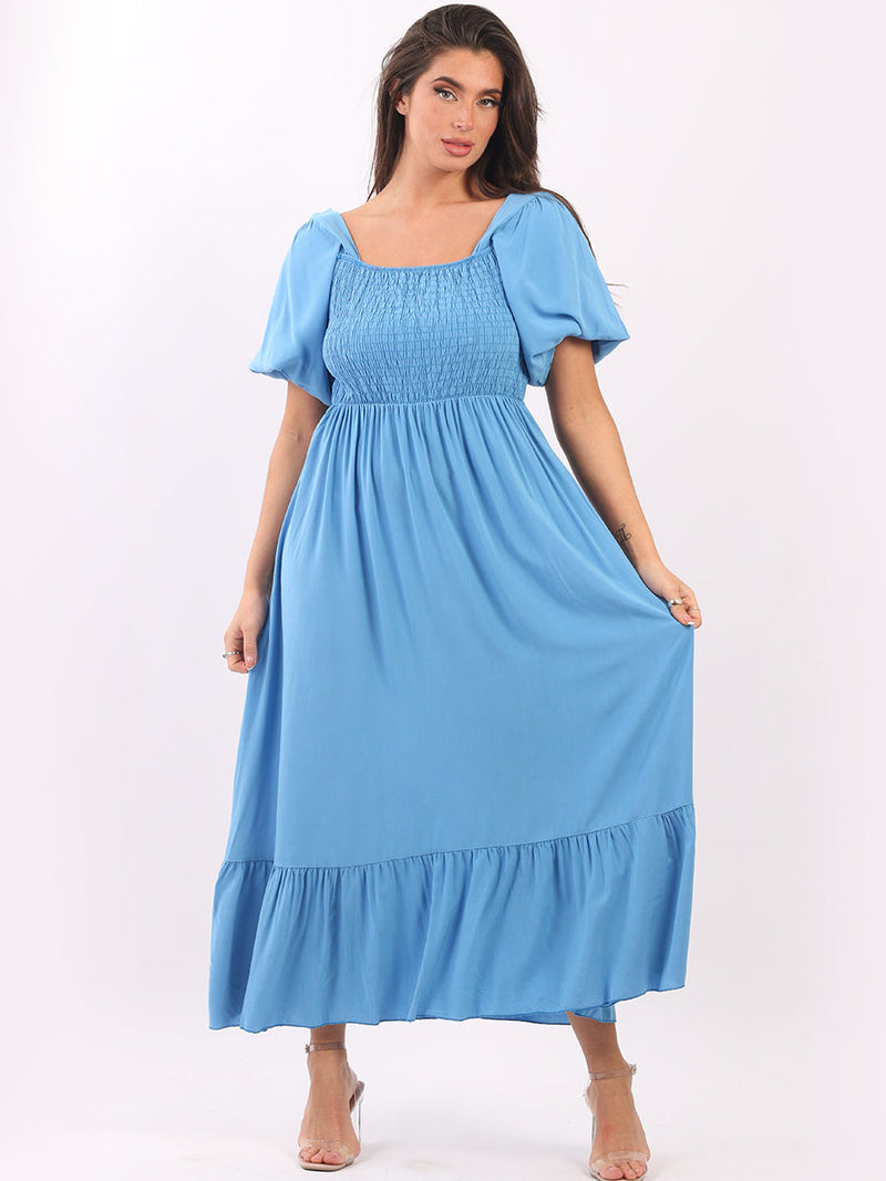 Shirred Smocked Maxi Sundress Denim