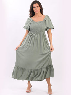 Shirred Smocked Maxi Sundress Khaki