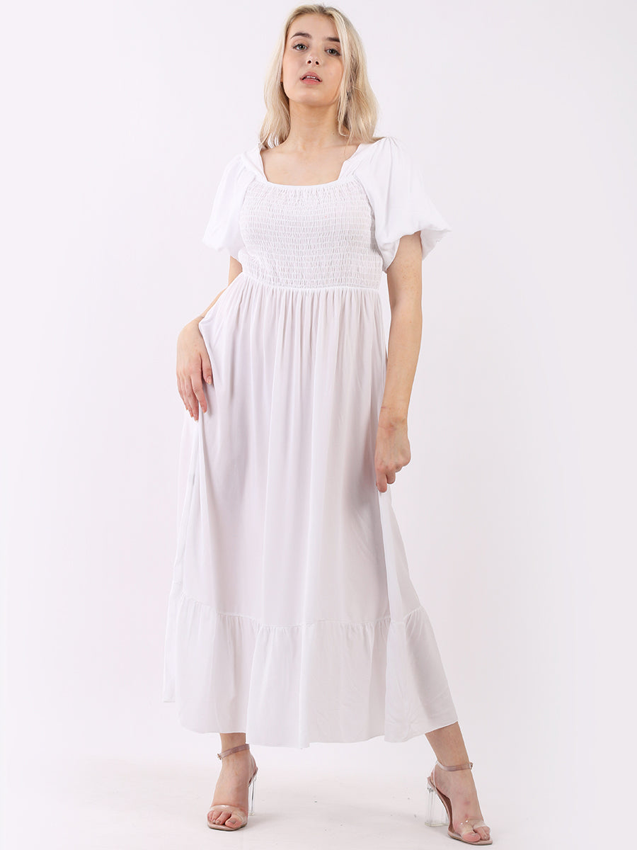 Shirred Smocked Maxi Sundress White