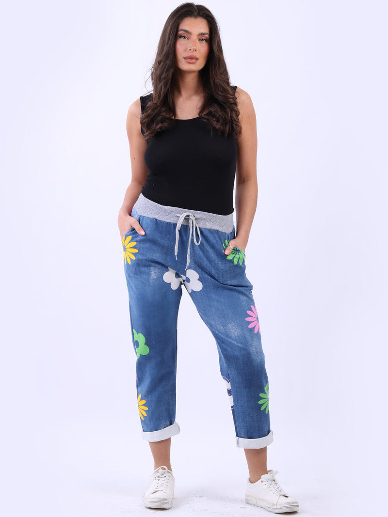 Cotton Multi Flower Joggers Denim