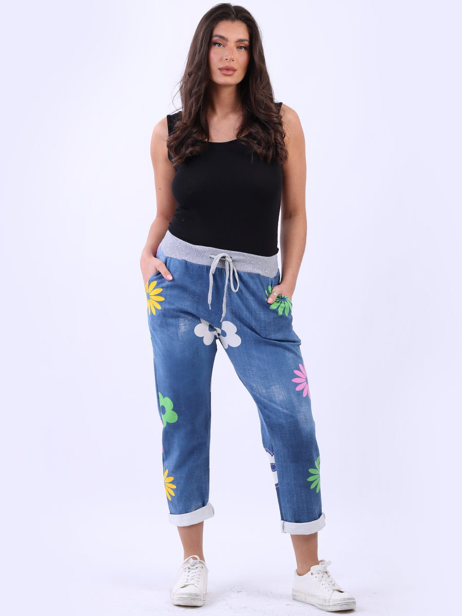 Cotton Multi Flower Joggers Denim