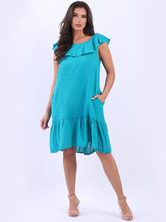 Ruffle Sleeveless Linen Top Aqua