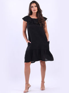 Ruffle Sleeveless Linen Top Black
