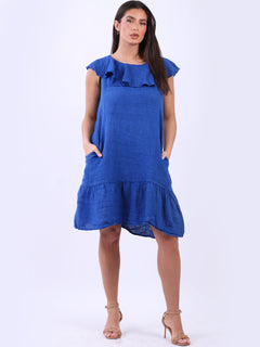 Ruffle Sleeveless Linen Top Royal Blue