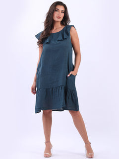Ruffle Sleeveless Linen Top Teal