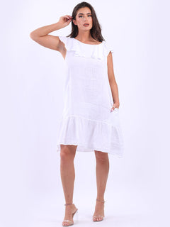 Ruffle Sleeveless Linen Top White