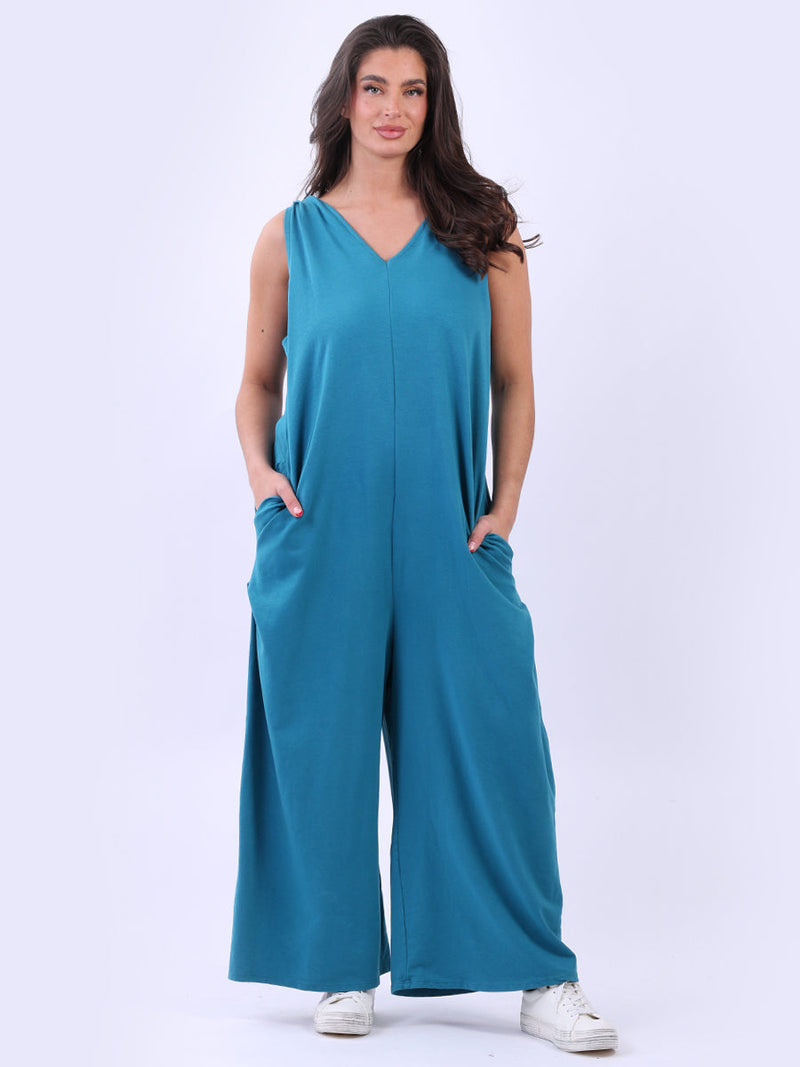 Women Sleeveless Cotton Jumpsuit Aqua