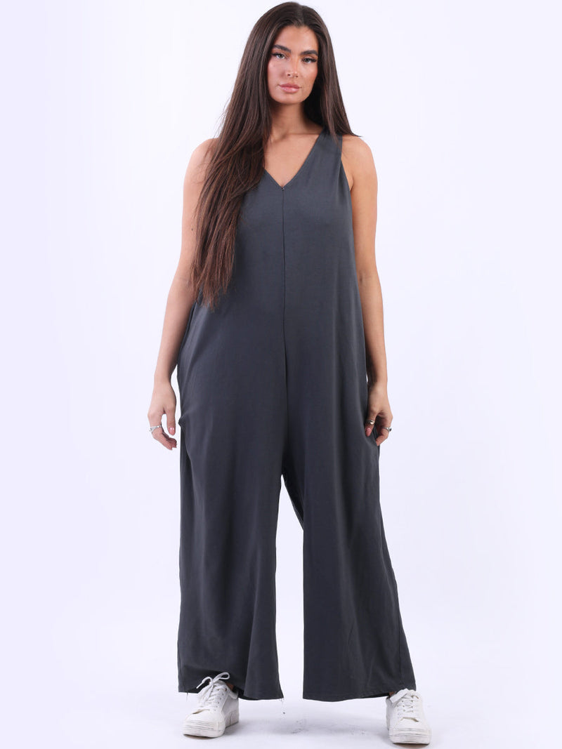 Women Sleeveless Cotton Jumpsuit Charcoal