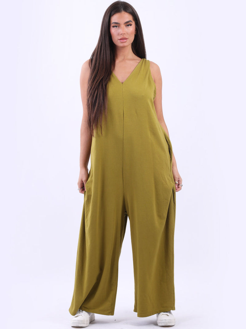 Women Sleeveless Cotton Jumpsuit Lime Green