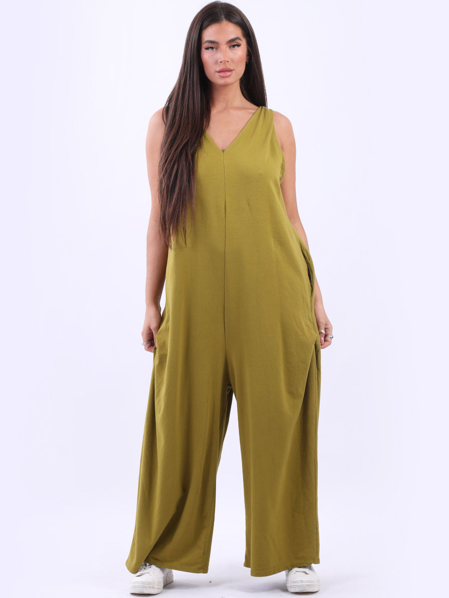 Women Sleeveless Cotton Jumpsuit Lime Green