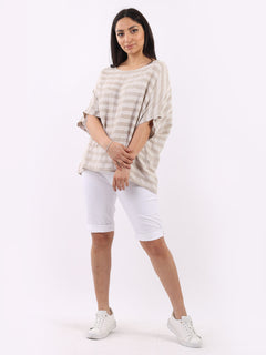 Stripy Cotton Baggy T Shirt Beige