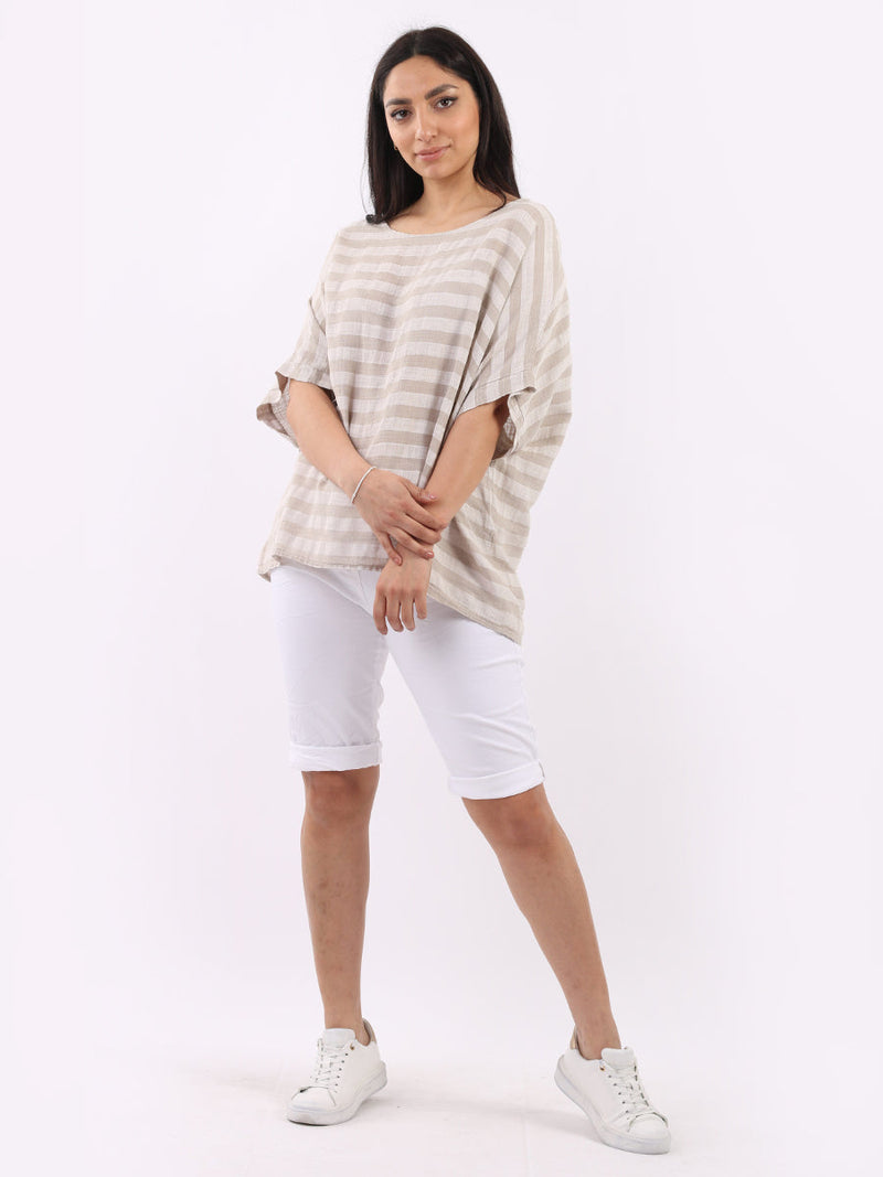 Stripy Cotton Baggy T Shirt Beige