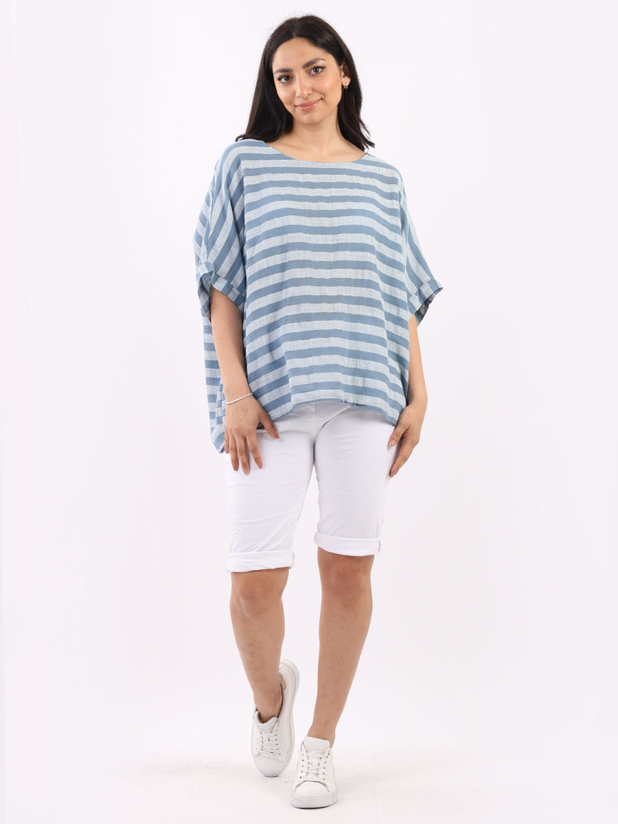 Stripy Cotton Baggy T Shirt Denim