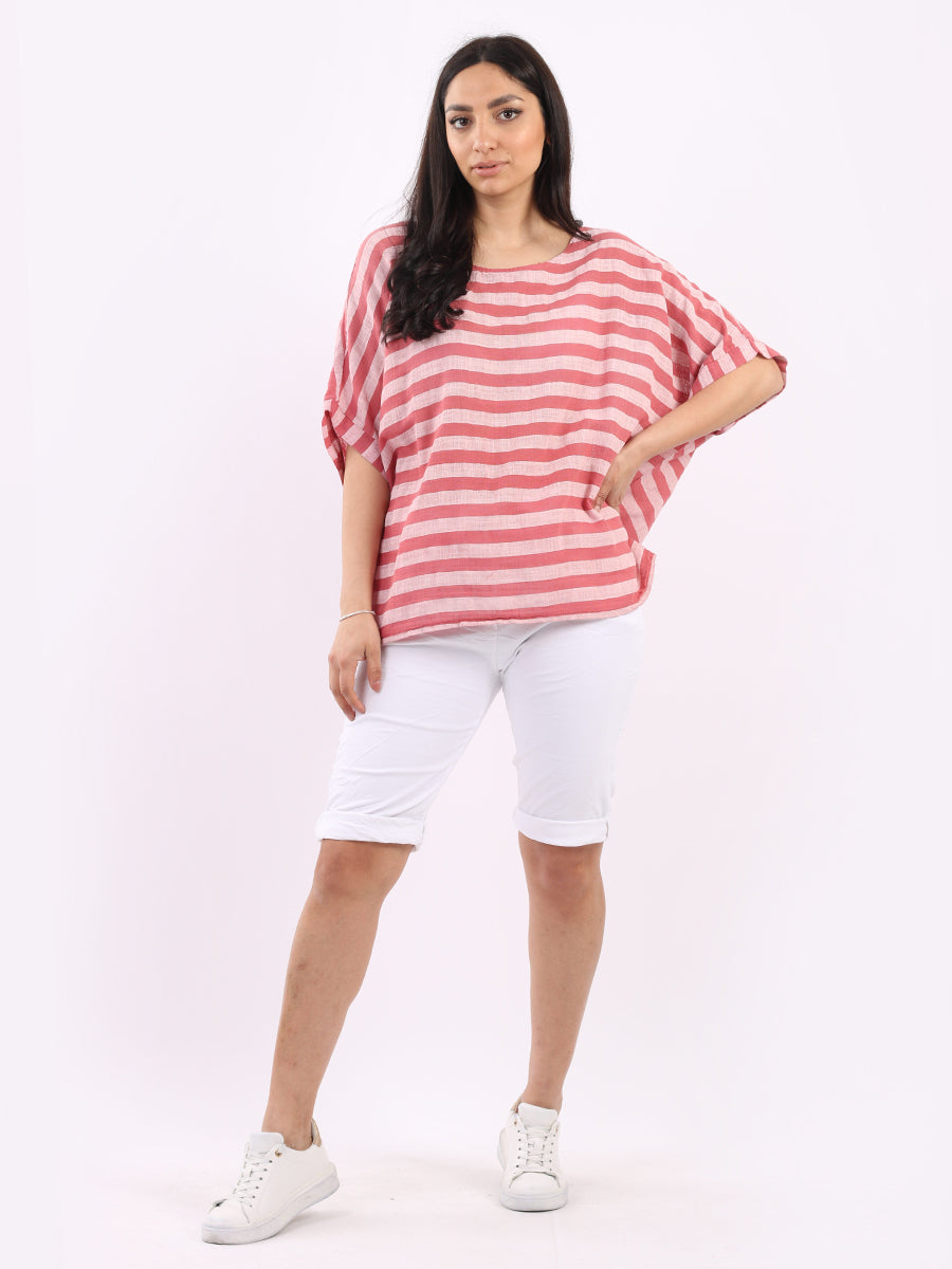 Stripy Cotton Baggy T Shirt Fuchsia