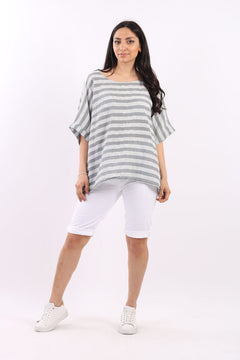 Stripy Cotton Baggy T Shirt Grey
