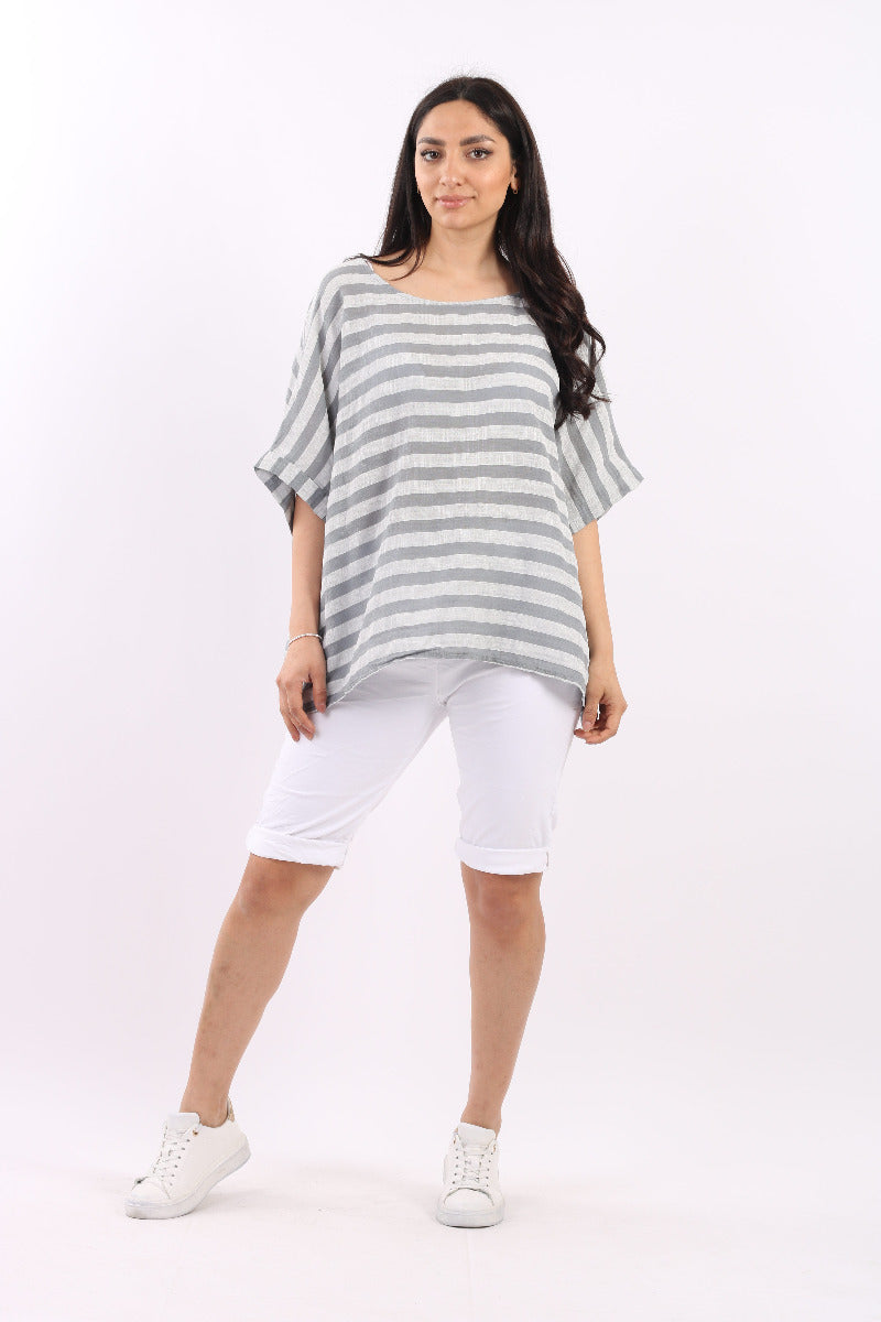Stripy Cotton Baggy T Shirt Grey