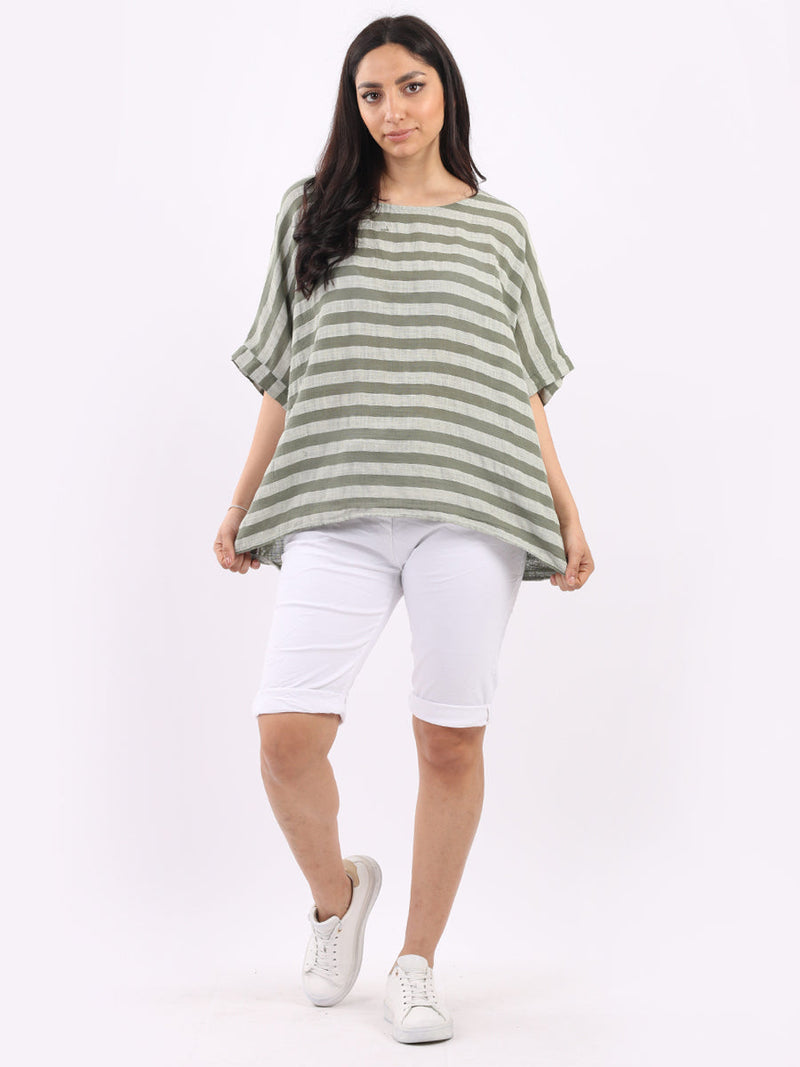 Stripy Cotton Baggy T Shirt Khaki