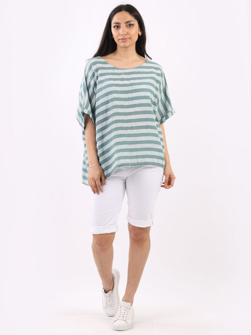 Stripy Cotton Baggy T Shirt Ocean Blue