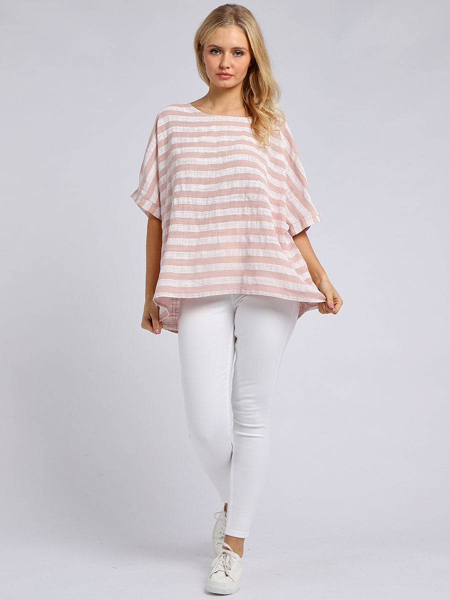 Stripy Cotton Baggy T Shirt Pink