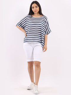 Stripy Cotton Baggy T Shirt White
