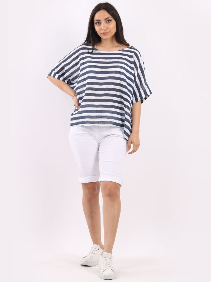 Stripy Cotton Baggy T Shirt White