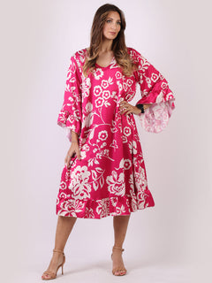 Floral Midi Swing Dress Fuchsia