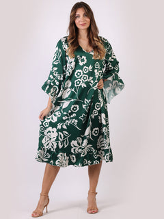 Floral Midi Swing Dress Green