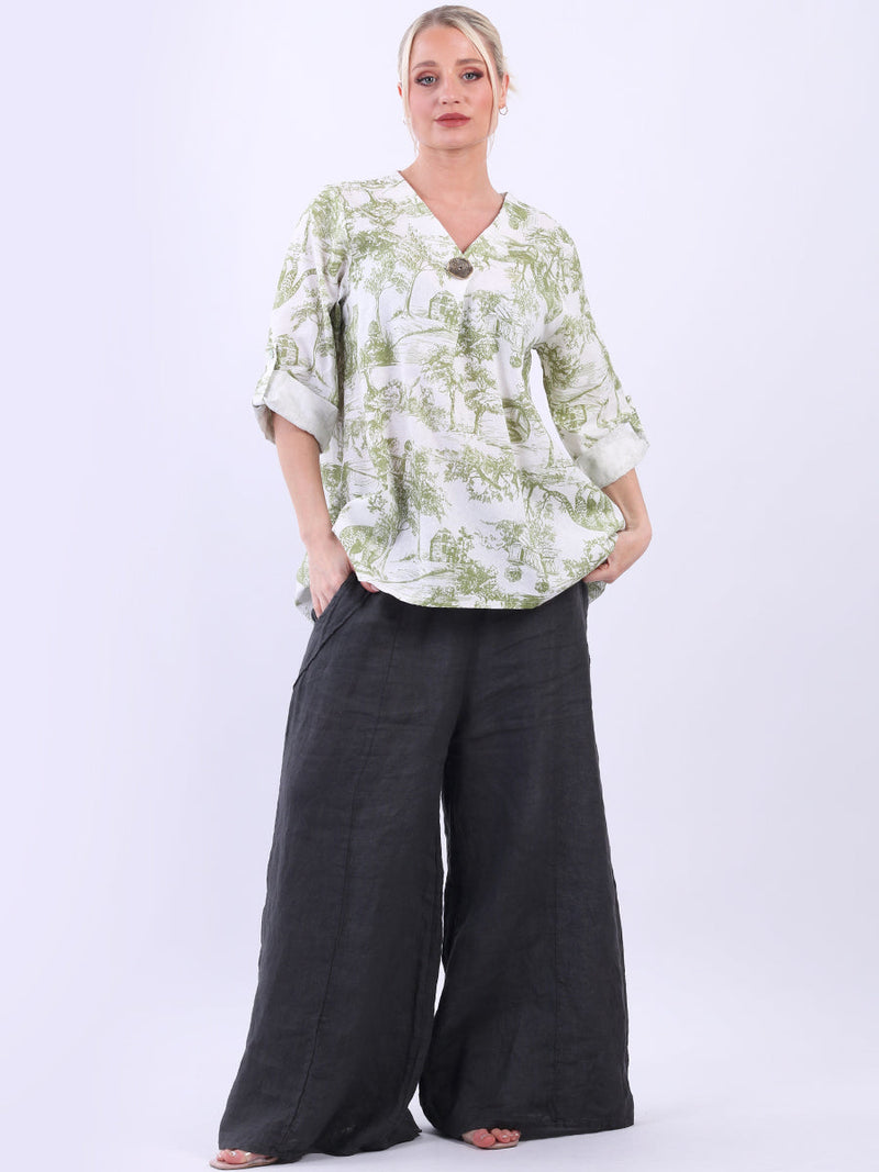 Jungle Print Linen Top Khaki