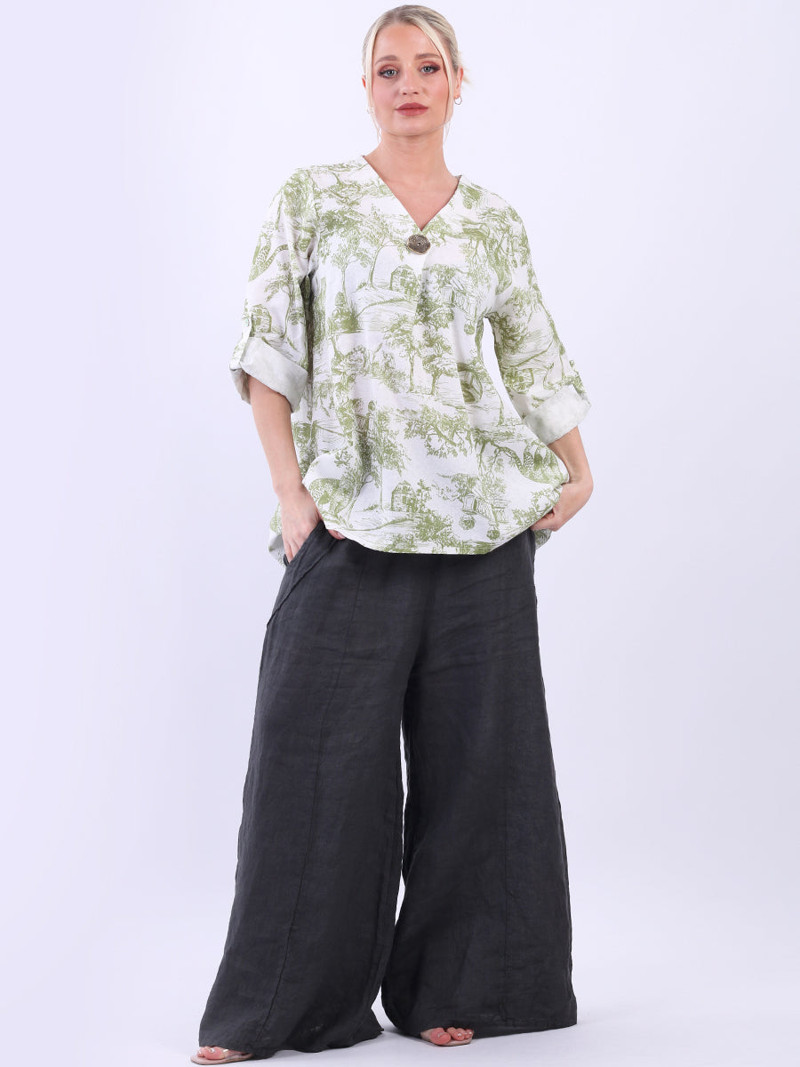 Jungle Print Linen Top Khaki