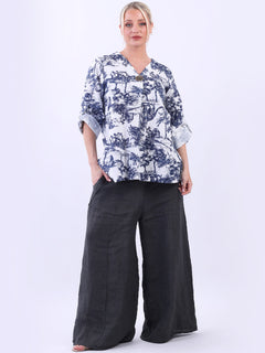 Jungle Print Linen Top Navy